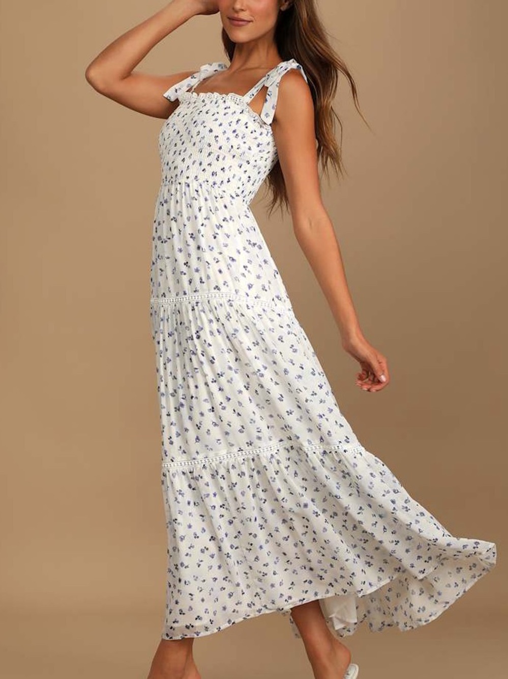 Lulus White Floral Tie-Shoulder Maxi Dress - Size Sm